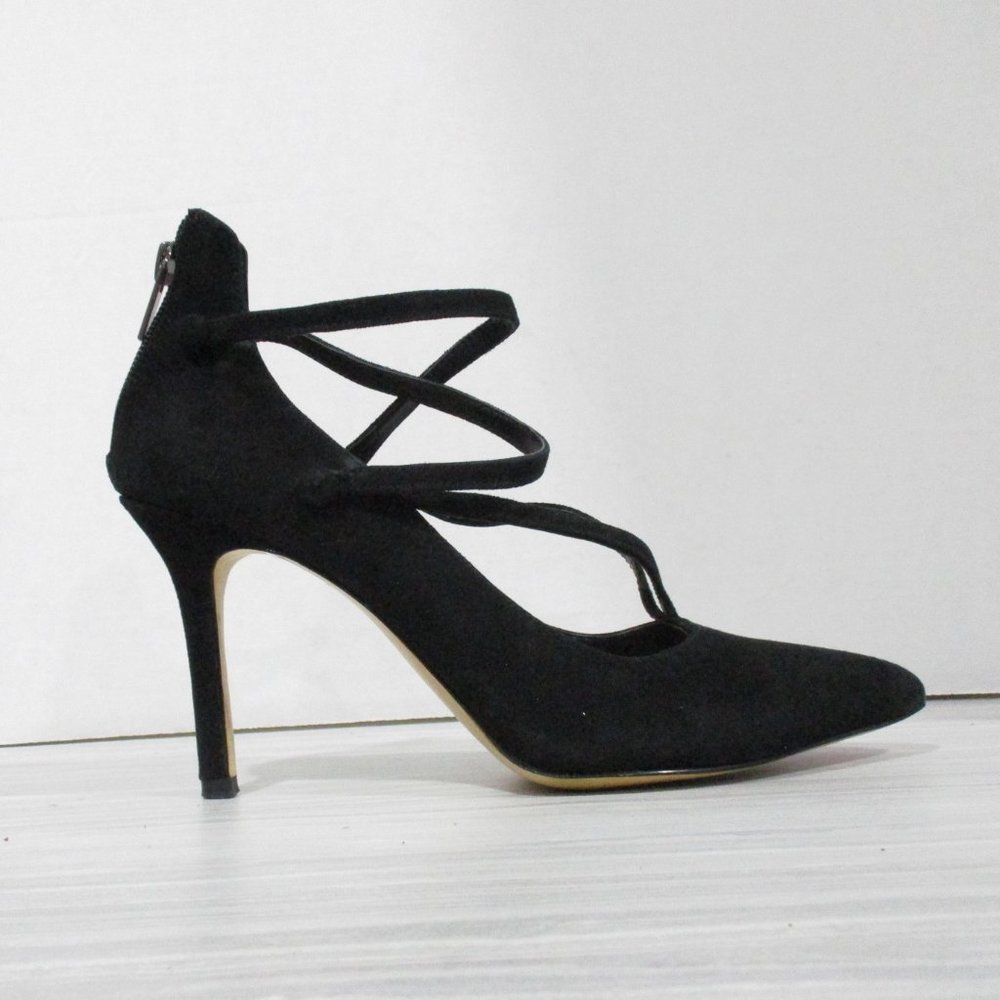 SAKS FIFTH AVENUE 'BERNADET'  3.5" ANKLE STRAP HEELS! BLACK MICRO-SUEDE.